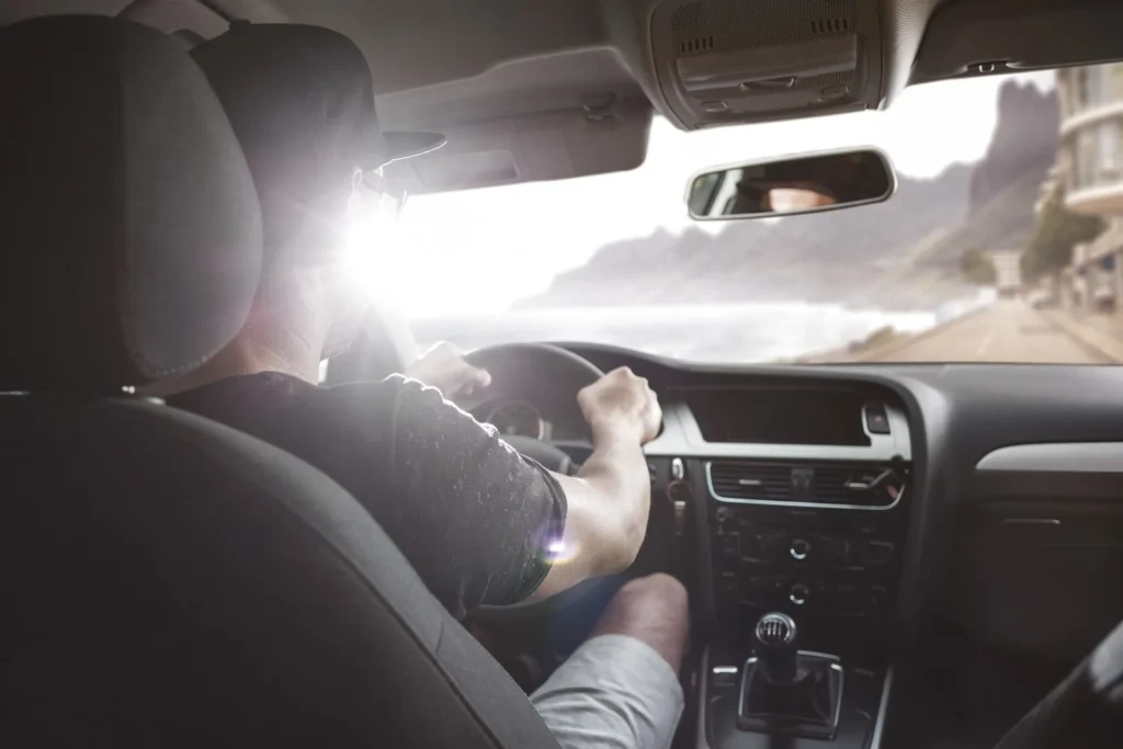 Driver's view from behind the wheel of a car